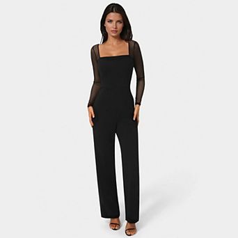 Women's bebe Scuba Mesh Square Neck Jumpsuit