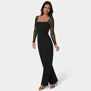 Women's bebe Scuba Mesh Square Neck Jumpsuit