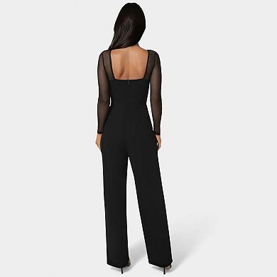Women's bebe Scuba Mesh Square Neck Jumpsuit