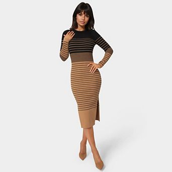 Women's bebe Striped Rib Long Sleeve Maxi Dress