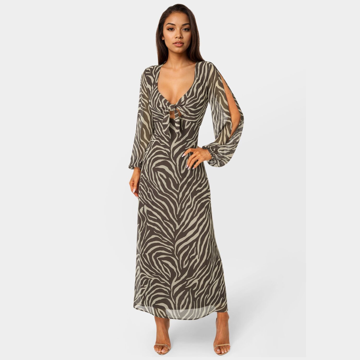 Женские платья bebe Printed Chiffon Tie Front Maxi Dress