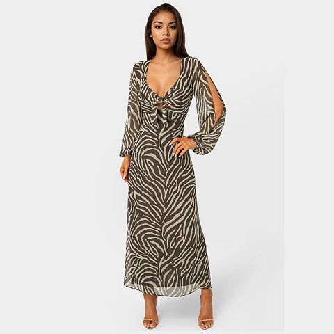 Женские платья bebe Women's bebe Printed Chiffon Tie Front Maxi Dress