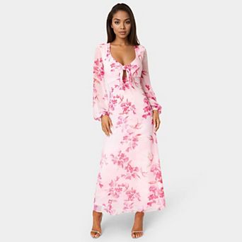 Women's bebe Printed Chiffon Tie Front Maxi Dress
