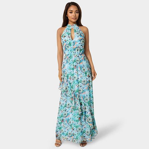 Женские платья bebe Women's bebe Printed Chiffon Halter Ruffle Dress