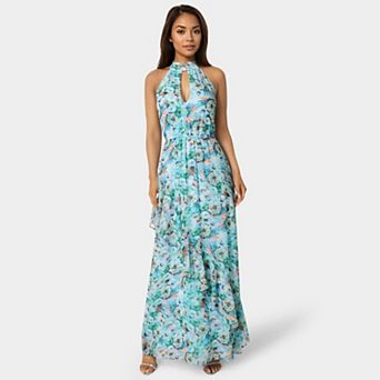 Women's bebe Printed Chiffon Halter Ruffle Dress