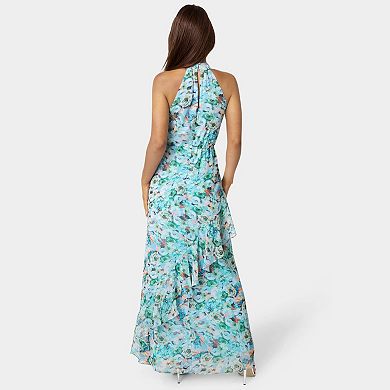 Women's bebe Printed Chiffon Halter Ruffle Dress