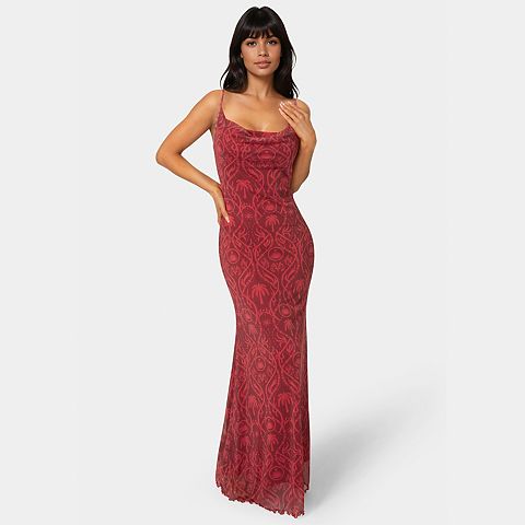 Женские платья bebe Women's bebe Printed Mesh Cowl Evening Gown