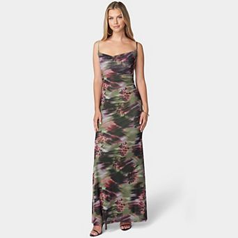 Women's bebe Printed Mesh Cowl Evening Gown