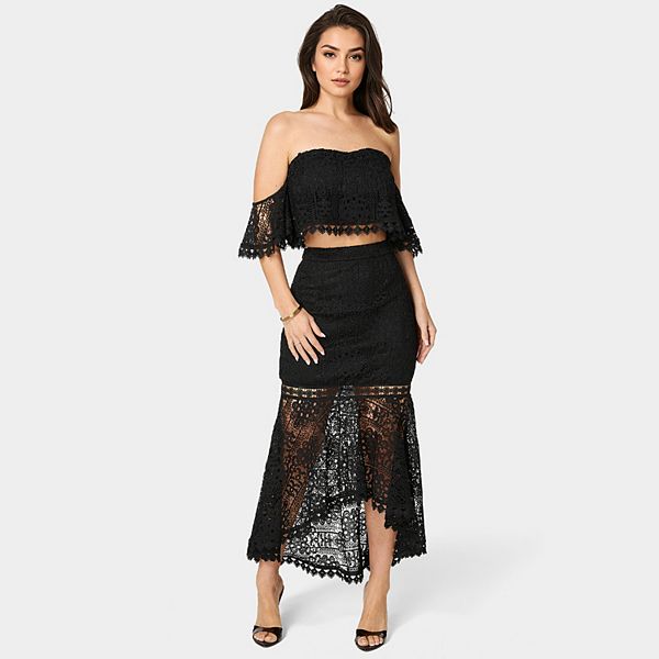 Bebe Women's Two Piece Lace High Low Dress - Black
