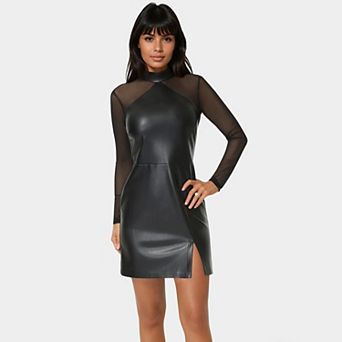 Women's bebe Faux Leather & Mesh Mock Neck Dress