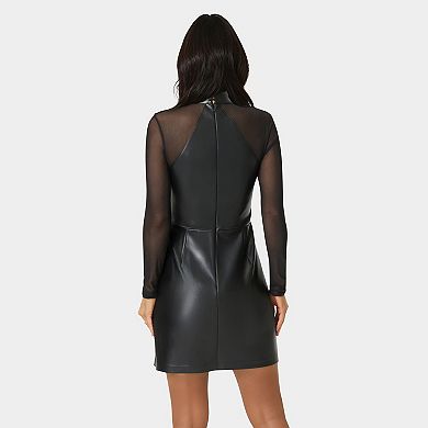 Women's bebe Faux Leather & Mesh Mock Neck Dress