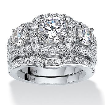 PalmBeach Jewelry 3.74 TCW Cubic Zirconia Platinum-plated Silver 2 pc Halo Bridal Ring Set