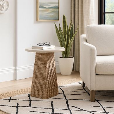 Marble Top with Woven Accent Base End Table - Stylish Small Round Side Table - 20", Ivory
