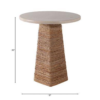 Marble Top with Woven Accent Base End Table - Stylish Small Round Side Table - 20", Ivory