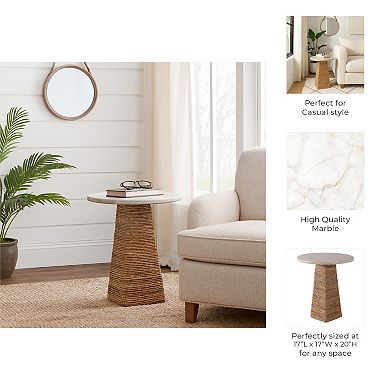 Marble Top with Woven Accent Base End Table - Stylish Small Round Side Table - 20", Ivory