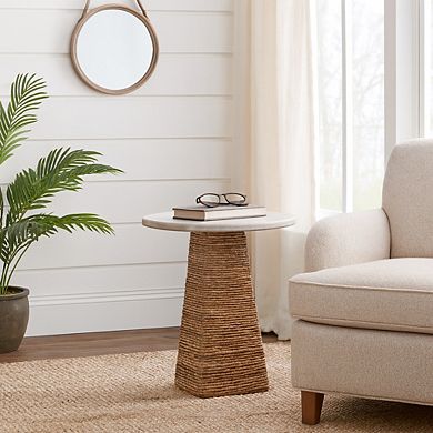 Marble Top with Woven Accent Base End Table - Stylish Small Round Side Table - 20", Ivory
