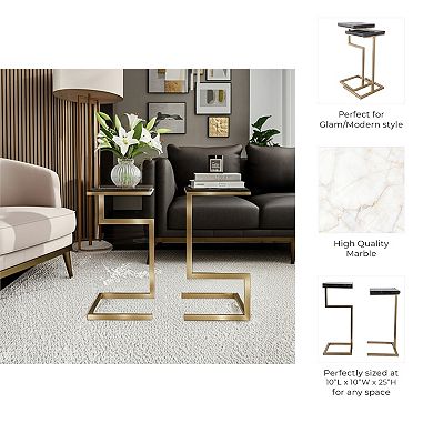 Square Quartz Top End Tables with Metal Base - Set of 2 - 22"/25"