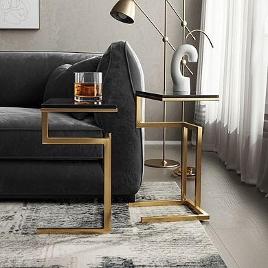 Square Quartz Top End Tables with Metal Base - Set of 2 - 22"/25"