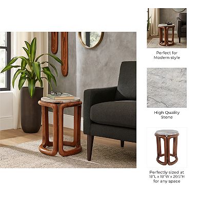 18 in. Round Marble Inlay Wood End Table