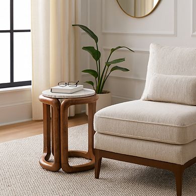 18 in. Round Marble Inlay Wood End Table
