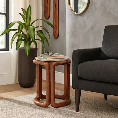 18 in. Round Marble Inlay Wood End Table