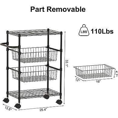 4 Tier Rolling Carts,Kitchen Mobile Shelf Organizer,Metal Wire Utility Cart with Wheels & Handle Bar