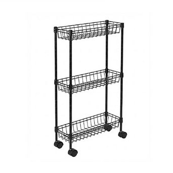 Slim Rolling Storage Cart, 3 tier Metal Utility Cart with Wheels, Adjustable Shelving Unit Basket