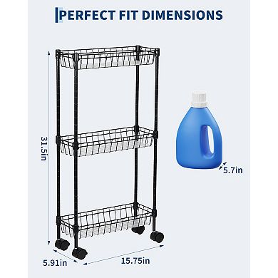 Slim Rolling Storage Cart, 3 Tier Metal Utility Cart with Wheels, Adjustable Shelving Unit Basket