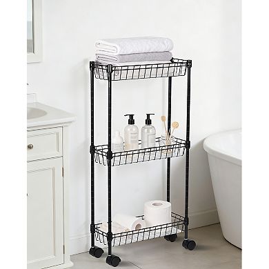 Slim Rolling Storage Cart, 3 Tier Metal Utility Cart with Wheels, Adjustable Shelving Unit Basket