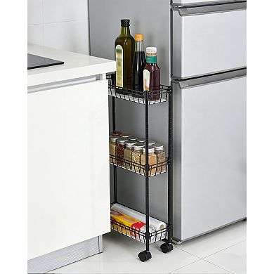 Slim Rolling Storage Cart, 3 Tier Metal Utility Cart with Wheels, Adjustable Shelving Unit Basket
