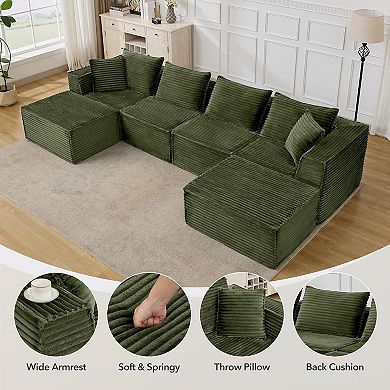 3-Seat 1-Footstool Rolled-Edge Angled Armrest Compression Sectional Sofa