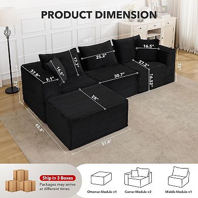 3-Seat 1-Footstool Rolled-Edge Angled Armrest Compression Sectional Sofa