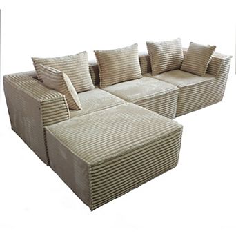 3-Seat 1-Footstool Rolled-Edge Angled Armrest Compression Sectional Sofa