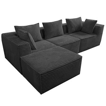 3-Seat 1-Footstool Rolled-Edge Angled Armrest Compression Sectional Sofa