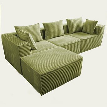 3-Seat 1-Footstool Rolled-Edge Angled Armrest Compression Sectional Sofa