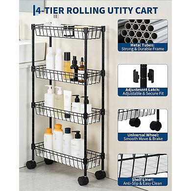 Slim Rolling Storage Cart, 4 Tier Metal Utility Cart with Wheels, Adjustable Shelving Unit Basket