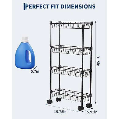 Slim Rolling Storage Cart, 4 Tier Metal Utility Cart with Wheels, Adjustable Shelving Unit Basket