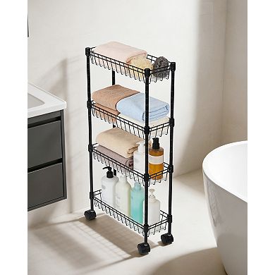 Slim Rolling Storage Cart, 4 Tier Metal Utility Cart with Wheels, Adjustable Shelving Unit Basket
