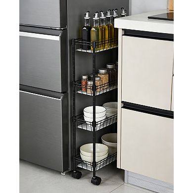 Slim Rolling Storage Cart, 4 Tier Metal Utility Cart with Wheels, Adjustable Shelving Unit Basket