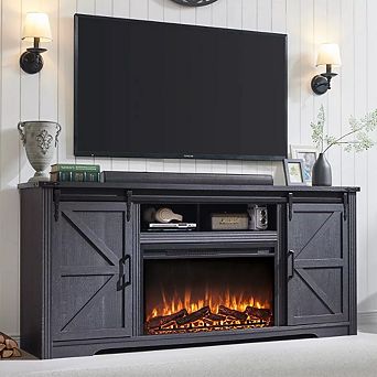 Fireplace TV Stand for 80″ TV, 32" Tall Farmhouse Entertainment Center with Drawer, Media Console