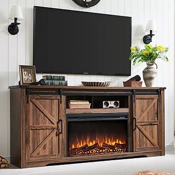 Fireplace TV Stand for 80″ TV, 32" Tall Farmhouse Entertainment Center with Drawer, Media Console