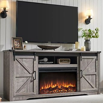 Fireplace TV Stand for 80″ TV, 32" Tall Farmhouse Entertainment Center with Drawer, Media Console