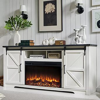 Fireplace TV Stand for 80″ TV, 32" Tall Farmhouse Entertainment Center with Drawer, Media Console