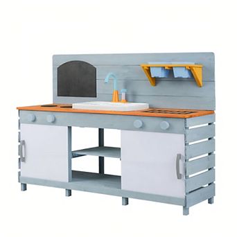 Wooden Outdoor Mud Kitchen Playset With Faucet Chalkboard And Storage Shelves
