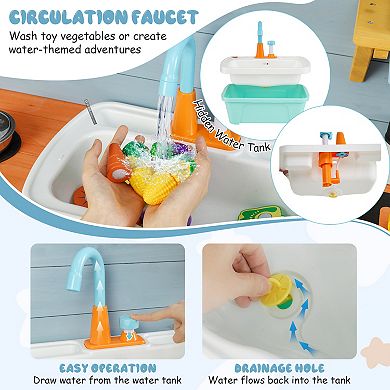 Kids Play Kitchen Set With Water Faucet Chalkboard And Storage