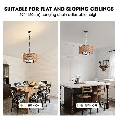 Moooni Rustic Farmhouse Pendant Light Fixtures, 4-Lights Boho Chandelier, Hand Woven Chandeliers