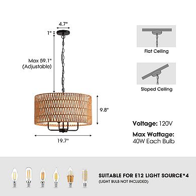 Moooni Rustic Farmhouse Pendant Light Fixtures, 4-Lights Boho Chandelier, Hand Woven Chandeliers