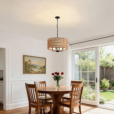 Moooni Rustic Farmhouse Pendant Light Fixtures, 4-Lights Boho Chandelier, Hand Woven Chandeliers