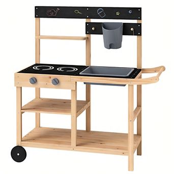 Kids Outdoor Wooden Mud Kitchen Playset with Faucet Sink Chalkboard and Storage
