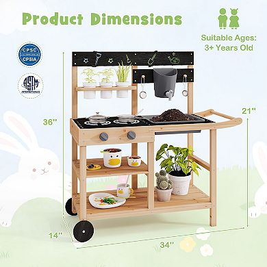 Outdoor Mud Kitchen With Faucet, Planting Pots and Wheels